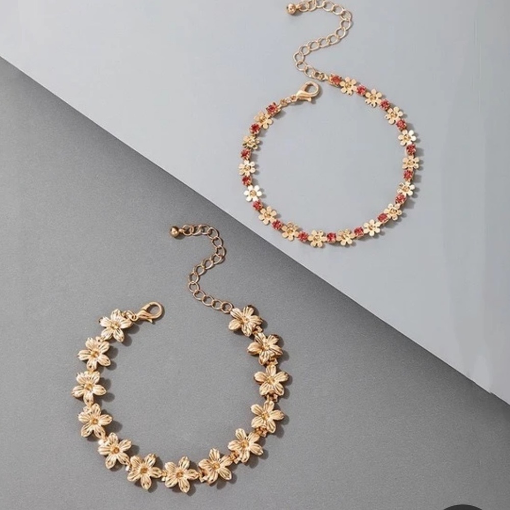 Gold Flower Rhinestone Gem Bracelet Set 2pc - Picture 4 of 5